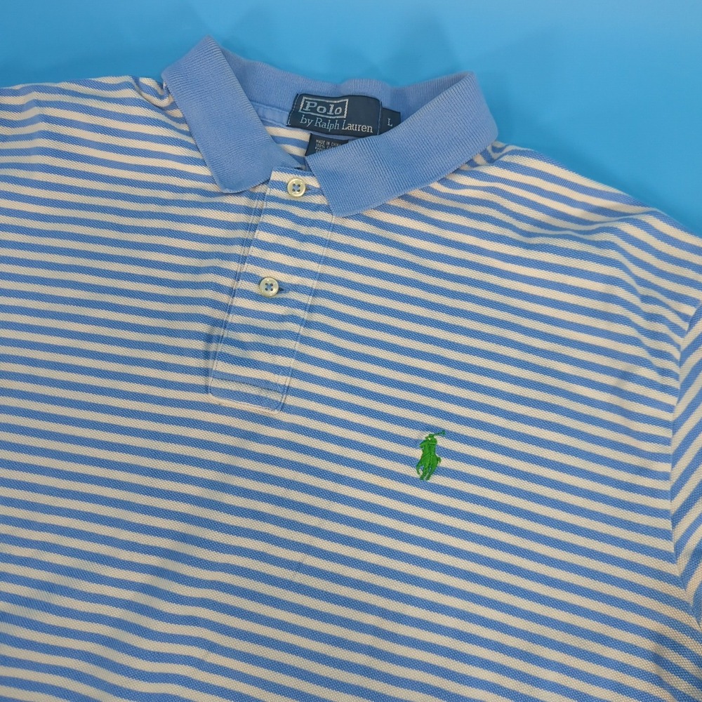 Polo Ralph Lauren Mens Large Blue White Striped Short Sleeve Cotton Polo Shirt
